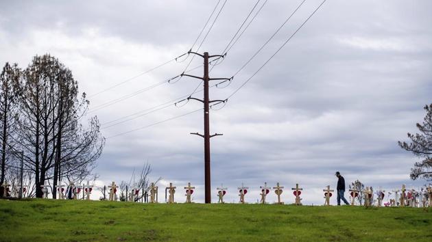 Crosses memorializing Camp Fire victims line a ridge in Paradise. The blaze killed at least 85 people according to the Butte County sheriff's office. (Noah Berger / AP Photo)