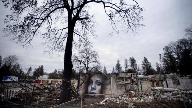 A mural by artist Shane Grammer adorns the wall of a building leveled by the Camp Fire in Paradise, California. Grammer says he painted murals throughout the fire-ravaged town to convey hope in the midst of destruction. In the 100 days since a wildfire nearly burned the town of Paradise off the map, the long recovery is just starting. (Noah Berger / AP Photo)