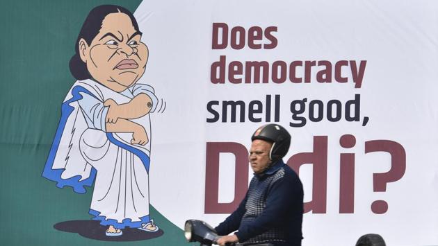 New Delhi, India - Feb. 13, 2019: Posters installed against Chief Minister of West Bengal Mamata Banerjee ahead of her rally, at Mandi House, in New Delhi. (Sanchit Khanna / HT Photo)