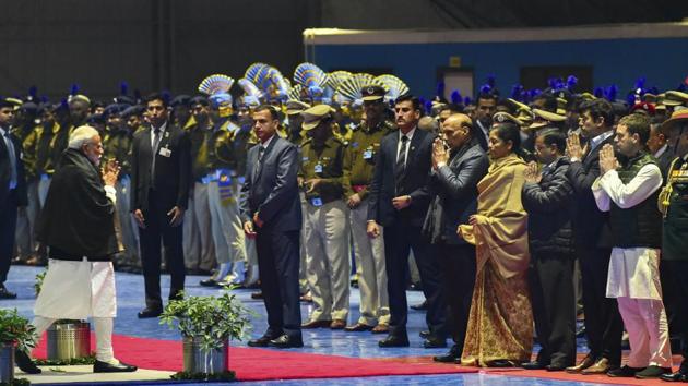 Prime Minister Narendra Modi pays tribute to the martyred CRPF jawans, who lost their lives in Thursday's Pulwama terror attack, after their mortal remains were brought at AFS Palam in New Delhi.(PTI Photo)