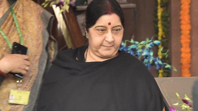 External affairs minister Sushma Swaraj, during a brief stopover in Tehran on her way to Bulgaria, met Iran’s deputy foreign minister Seyed Abbas Araghchi and discussed bilateral issues on Saturday.(Mohd Zakir/HT File Photo)