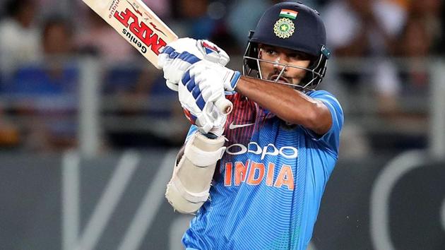 Shikhar Dhawan plays a shot during the second Twenty20 international cricket match between New Zealand and India.(AFP)