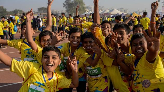 Children ecstatic after having completed the Lokmat Maha Marathon on Sunday. (Milind Saurkar/HT Photo) 