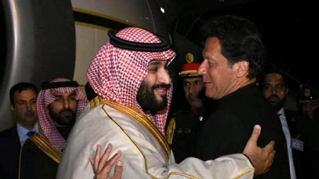 Pakistani Prime Minister Imran Khan greets Saudi Arabia's Crown Prince Mohammed bin Salman on his arrival at Pakistan Air Force’s Nur Khan Base in Rawalpindi.(REUTERS) Pakistani Prime Minister Imran Khan greets Saudi Arabia's Crown Prince Mohammed bin Salman on his arrival at Pakistan Air Force’s Nur Khan Base in Rawalpindi.(REUTERS)