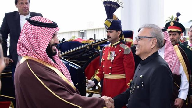 Pakistani President Arif Alvi, right, receives visiting Saudi Arabia's Crown Prince Mohammed bin Salman at presidential palace in Islamabad on February 18. (AP Photo) Pakistani President Arif Alvi, right, receives visiting Saudi Arabia's Crown Prince Mohammed bin Salman at presidential palace in Islamabad on February 18. (AP Photo)