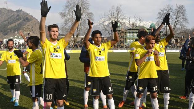 Real Kashmir's players wave to fans after winning their I-League club football match against Chennai City FC. (AFP) Real Kashmir's players wave to fans after winning their I-League club football match against Chennai City FC. (AFP)