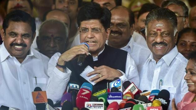 Union Minister and BJP's Tamil Nadu election in-charge Piyush Goyal addresses media after ruling AIADMK party signed an alliance with BJP for the upcoming Lok Sabha elections, in Chennai, Tuesday, Feb. 19, 2019.(AP photo)