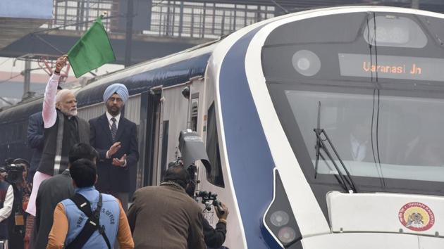 Prime Minister Narendra Modi Tuesday hit back at opposition leaders for “targeting and mocking” semi-high speed train Vande Bharat Express, terming it an “insult” to engineers and technicians. The prime minister was responding to the criticism by Congress president Rahul Gandhi and SP leader Akhilesh Yadav of the train, which had developed a snag on its return journey from Varanasi to Delhi on Saturday, hours after its inaugural run. (Sanjeev Verma / HT File)