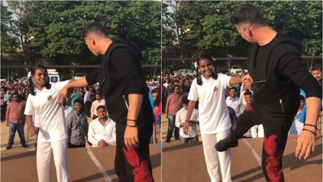 Akshay Kumar teaching self defence to a girl. (Instagram) Akshay Kumar teaching self defence to a girl. (Instagram)