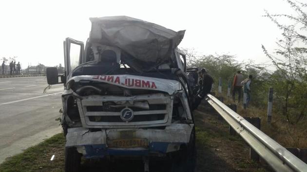 Mangled remains of the ambulance that was involved in an accident on the Yamuna Expressway in Mathura on Feb 19, 2019. (Source Photo) Mangled remains of the ambulance that was involved in an accident on the Yamuna Expressway in Mathura on Feb 19, 2019. (Source Photo)