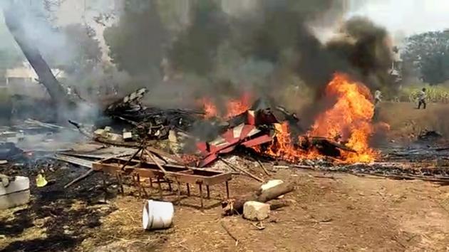A still from a video footage shows an aircraft in flames after two aircrafts of IAF's aerobatic team Surya Kiran crashed near the Yelahanka airbase in Bengaluru, Feb 19, 2019 (PTI) A still from a video footage shows an aircraft in flames after two aircrafts of IAF's aerobatic team Surya Kiran crashed near the Yelahanka airbase in Bengaluru, Feb 19, 2019 (PTI)