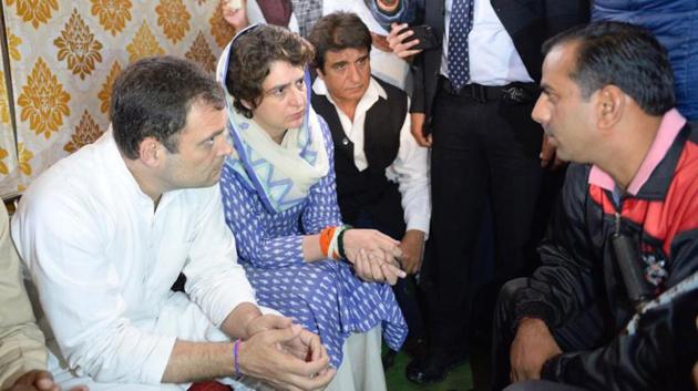 Congress president Rahul Gandhi and general secretaries Priyanka Gandhi Vadra and Jyotiraditya Scindia visited Shamli in Uttar Pradesh to pay respects to two CRPF troopers killed in last week’s terror attack in Pulwama in Jammu and Kashmir. They attended religious ceremony for Amit Kumar and visited the family of another jawan Pradeep Kumar in Banat village of Shamli. The two were among 40 troopers killed in a suicide attack on a CRPF convoy. (ANI) Congress president Rahul Gandhi and general secretaries Priyanka Gandhi Vadra and Jyotiraditya Scindia visited Shamli in Uttar Pradesh to pay respects to two CRPF troopers killed in last week’s terror attack in Pulwama in Jammu and Kashmir. They attended religious ceremony for Amit Kumar and visited the family of another jawan Pradeep Kumar in Banat village of Shamli. The two were among 40 troopers killed in a suicide attack on a CRPF convoy. (ANI)