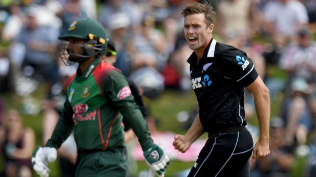 New Zealand's Tim Southee celebrates a dismissal against Bangladesh.(AFP)