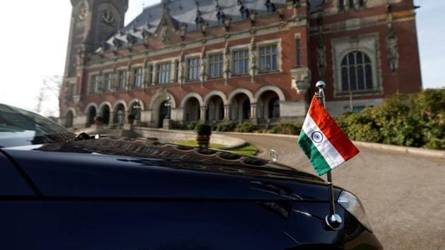 A car with the Indian flag is parked outside the International Court of Justice during the final hearing of the Kulbhushan Jadhav case in The Hague, the Netherlands on February 18.(REUTERS) A car with the Indian flag is parked outside the International Court of Justice during the final hearing of the Kulbhushan Jadhav case in The Hague, the Netherlands on February 18.(REUTERS)