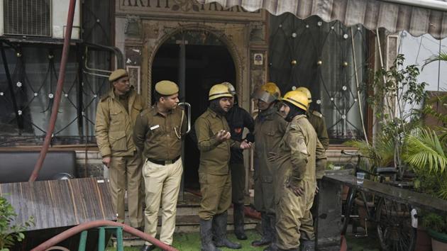Firefighters outside Hotel Arpit Palace after a massive fire broke out at the hotel, at Karol Bagh, New Delhi, on Tuesday, February 12, 2019. (Sanchit Khanna/HT Photo) Firefighters outside Hotel Arpit Palace after a massive fire broke out at the hotel, at Karol Bagh, New Delhi, on Tuesday, February 12, 2019. (Sanchit Khanna/HT Photo)