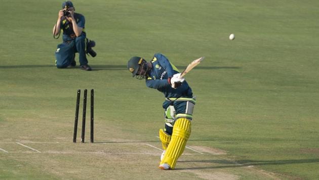 Australia's Glenn Maxwell bats during a practice session at the Rajiv Gandhi International Cricket stadium in Hyderabad, India, Wednesday, Feb.20, 2019. Australia will be playing five ODI and Two T20 matches against India. (AP Photo/Mahesh Kumar A.)(AP)