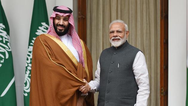 Prime Minister Narendra Modi shakes hands with Saudi Arabia's Crown Prince Mohammed bin Salman Bin Abdulaziz Al-Saud before their meeting at Hyderabad House in New Delhi on February 20.(Raj K Raj/HT PHOTO)