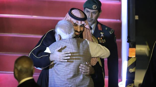 In a special gesture, PM Modi received Saudi Crown Prince Salman at Palam airport on Tuesday night. (AP) In a special gesture, PM Modi received Saudi Crown Prince Salman at Palam airport on Tuesday night. (AP)