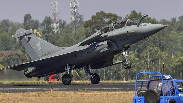 French aircraft Rafale lands during the inauguration of the 12th edition of AERO India 2019 air show at Yelahanka airbase in Bengaluru on February 20. (AP Photo) French aircraft Rafale lands during the inauguration of the 12th edition of AERO India 2019 air show at Yelahanka airbase in Bengaluru on February 20. (AP Photo)