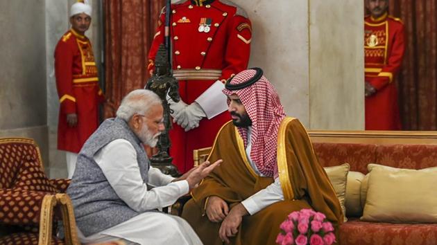 Prime Minister Narendra Modi with Saudi Arabia's Crown Prince Mohammed bin Salman during a banquet hosted, at Rashtrapati Bhavan in New Delhi on February 20.(PTI Photo)