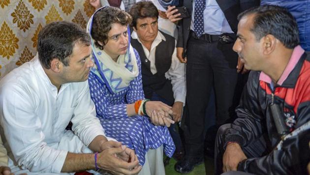 Rahul and Priyanka Gandhi offered condolences to the families of Amit Kumar Kori and Pradeep Kumar Prajapati. (PTI) Rahul and Priyanka Gandhi offered condolences to the families of Amit Kumar Kori and Pradeep Kumar Prajapati. (PTI)