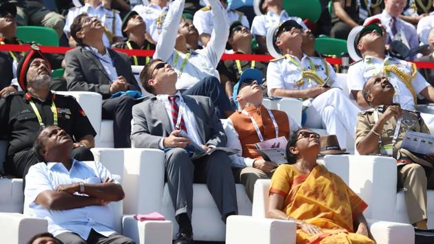 Karnataka Chief Minister HD Kumaraswamy (L) and Defence Minister Nirmala Sitharaman (R) during the show. After Sitharaman flagged off the five-day aerospace expo, about 5,000 guests and invitees were treated to a two-hour spectacular flying display of fighters, helicopters, transport and civilian aircrafts. (IANS)