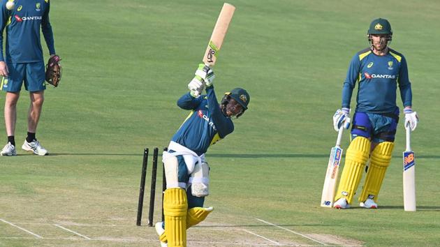 Usman Khawaja bats during a practice session at the Rajiv Gandhi International Cricket Stadium in Hyderabad on February 20. (AFP) Usman Khawaja bats during a practice session at the Rajiv Gandhi International Cricket Stadium in Hyderabad on February 20. (AFP)
