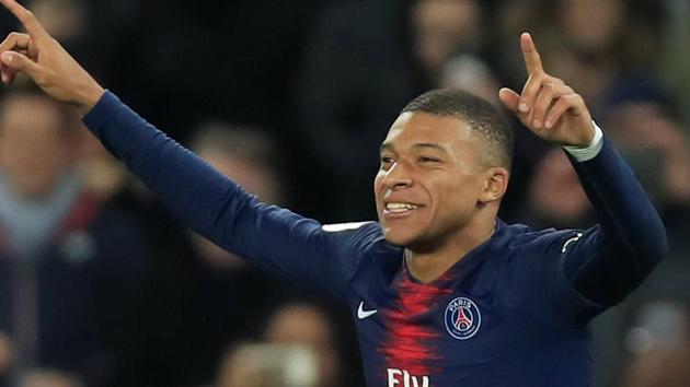 Paris St Germain's Kylian Mbappe celebrates scoring their fifth goal.(REUTERS)