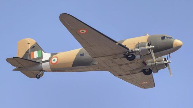 During the show, the IAF’s resurrected Dakota DC-3 aircraft (Parshuram) from 1940 flew past alongside modern aircrafts. In all, 61 aircrafts are participating in the air show, including 31 in flying display and 30 in static display on the tarmac of the air base. (Shailendra Bhojak / PTI)