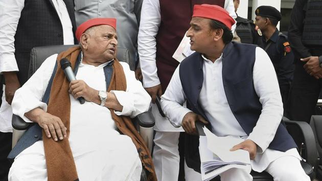 Samajwadi Party leaders Mulayam Singh Yadav and Akhilesh Yadav address their party workers, in Lucknow, Thursday. (PTI) Samajwadi Party leaders Mulayam Singh Yadav and Akhilesh Yadav address their party workers, in Lucknow, Thursday. (PTI)
