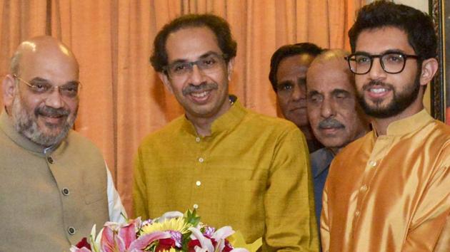 Shiv Sena chief Uddhav Thackeray and BJP president Amit Shah on Monday, when the alliance was announced.(PTI)