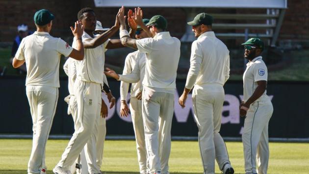 South Africa's Kagiso Rabada, second from left, celebrates with teammates after dismissing Sri Lanka's captain Dimuth Karunaratne. (AP) South Africa's Kagiso Rabada, second from left, celebrates with teammates after dismissing Sri Lanka's captain Dimuth Karunaratne. (AP)