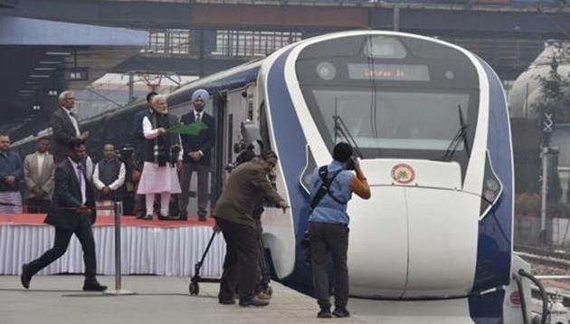 Prime Minister Narendra Modi flags off Vande Bharat Express, India's first semi-high speed train, at New Delhi Railway Station, in New Delhi on Feb 15, 2019 (Sanjeev Verma/HT PHOTO) Prime Minister Narendra Modi flags off Vande Bharat Express, India's first semi-high speed train, at New Delhi Railway Station, in New Delhi on Feb 15, 2019 (Sanjeev Verma/HT PHOTO)