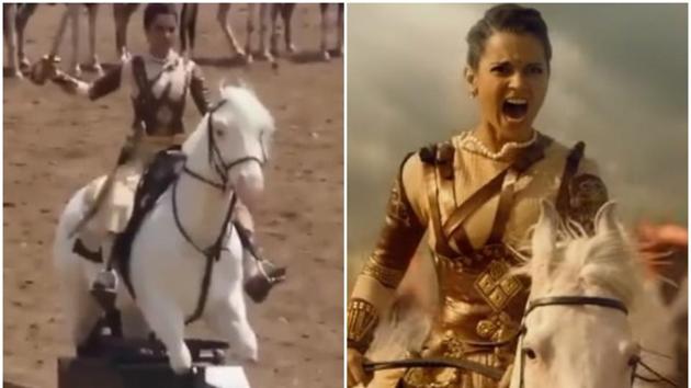 Kangana Ranaut riding a mechanical horse during Manikarnika, in real and on reel.(Instagram)