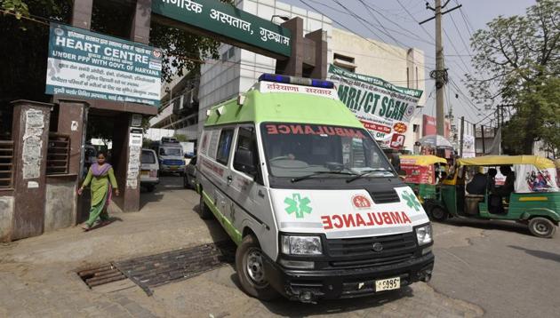 Ambulance seen at Civil Hospital, in Gurugram.(Sanjeev Verma/HT PHOTO/Representative image)