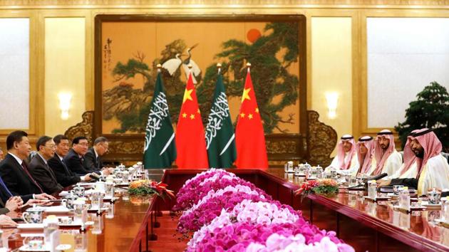 Saudi Crown Prince Mohammed bin Salman (R) attends a meeting with Chinese President Xi Jinping (L) at the Great Hall of the People in Beijing on February 22. (AFP Photo) Saudi Crown Prince Mohammed bin Salman (R) attends a meeting with Chinese President Xi Jinping (L) at the Great Hall of the People in Beijing on February 22. (AFP Photo)