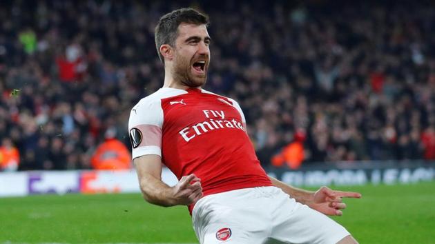 Arsenal's Sokratis Papastathopoulos celebrates scoring their third goal against BATE. (Reuters) Arsenal's Sokratis Papastathopoulos celebrates scoring their third goal against BATE. (Reuters)