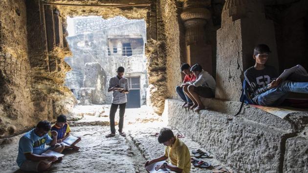 Students prepare for HSC exams inside the Jogeshwari caves in Mumbai, Maharashtra. (Satish Bate / HT Photo) Students prepare for HSC exams inside the Jogeshwari caves in Mumbai, Maharashtra. (Satish Bate / HT Photo)