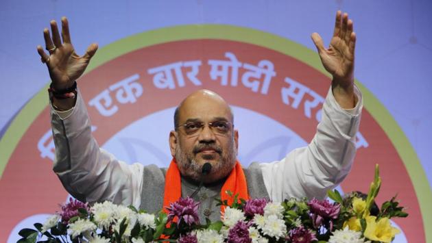 BJP president Amit Shah on Friday set an ambitious target to win more than 35 seats for the ruling alliance in the upcoming Lok Sabha polls in Tamil Nadu, where the Bharatiya Janata Party and the All India Anna Dravda Munnetra Kazhagam have joined hands for the parliamentary elections. (Siddharaj Solanki / HT File)