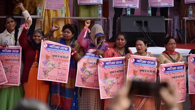 Thousands of rape survivors and their families gathered at Ramila Maidan in New Delhi to conclude ‘Garima Yatra’ – a march to raise awareness against the sexual atrocities inflicted on women from the lower sections of society. During the course of the journey, which began on December 20, 2018, the women and their families drew strength from each other’s stories and chanted slogans along the way. (Biplov Bhuyan / HT Photo)