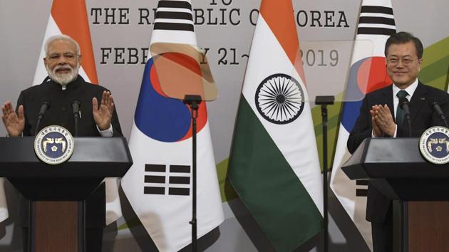 Indian Prime Minister Narendra Modi, left, and South Korea's President Moon Jae-in attend at a joint press conference after their meeting at the presidential Blue House in Seoul Friday, Feb. 22, 2019. (Jung Yeon-je/Pool Photo via AP)(AP) Indian Prime Minister Narendra Modi, left, and South Korea's President Moon Jae-in attend at a joint press conference after their meeting at the presidential Blue House in Seoul Friday, Feb. 22, 2019. (Jung Yeon-je/Pool Photo via AP)(AP)