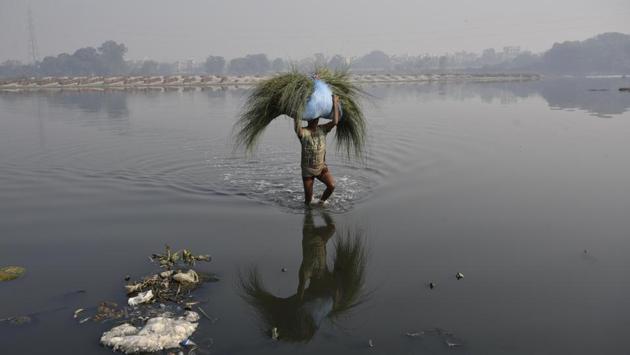A man is reflected on the water of Yamuna as he carries fodder for his cattle, at Kashmere Gate in New Delhi. (Biplov Bhuyan / HT Photo) A man is reflected on the water of Yamuna as he carries fodder for his cattle, at Kashmere Gate in New Delhi. (Biplov Bhuyan / HT Photo)