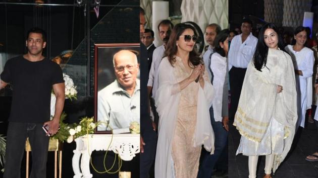 Salman Khan, Madhuri Dixit and Amrita Rao at Rajkumar Barjatya’s prayer meet.(Varinder Chawla)