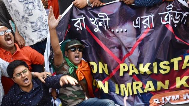 BJP yuva morcha activists protesting against Pakistan and their Prime Minister Imran Khan following a terrorist attack on CRPF a week back, in Kolkata on Saturday 23rd February 2019. Photo by ARIJIT SEN / Hindustan Times(HT Photo)
