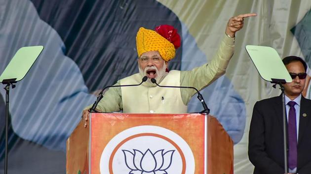 Prime Minister Narendra Modi addresses a public meeting, in Tonk in Rajasthan on Saturday.(PTI)