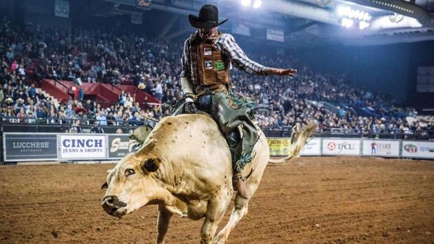 Brady Portenier of Caldwell Indiana competes in the El Paso County Colosseum during the Tuff Hedeman Bull Riding Tour in El Paso, Texas. (Paul Ratje / AFP)