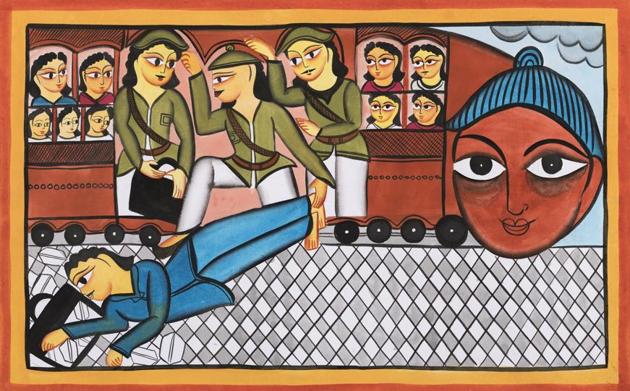 The story of Mahatma Gandhi being thrown of a train in South Africa is depicted in a Pattua art form, which comes from West Bengal. (HT photo)