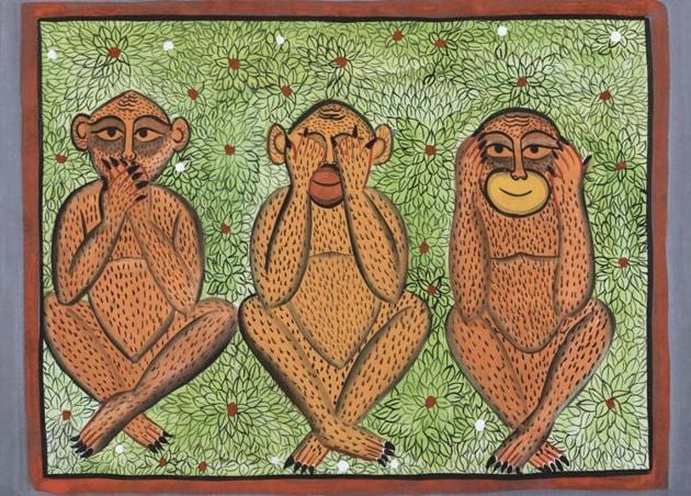 Three Monkeys depicted in a Gond painting that comes from Kotra Sultanabad near Bhopal. (HT photo)