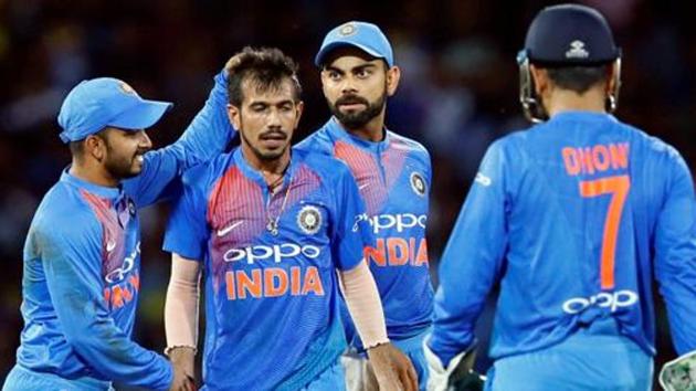 File image of India's Yuzvendra Chahal celebrating with captain Virat Kohli, Kedar Jadhav and MS Dhoni. (REUTERS) File image of India's Yuzvendra Chahal celebrating with captain Virat Kohli, Kedar Jadhav and MS Dhoni. (REUTERS)