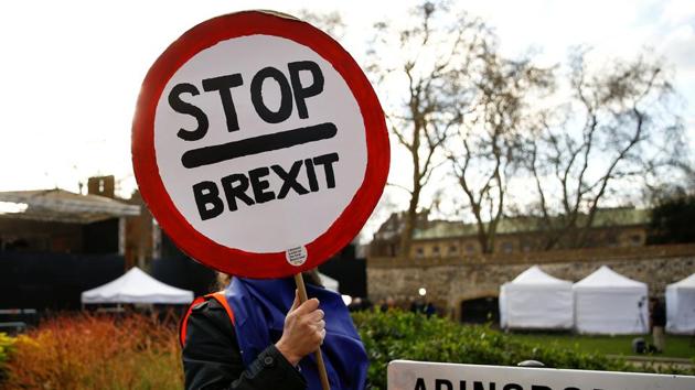 An Anti-Brexit protester is seen outside the Houses of Parliament, in Westminster, London, Britain, February 20, 2019. Image for representation. (REUTERS FILE PHOTO) An Anti-Brexit protester is seen outside the Houses of Parliament, in Westminster, London, Britain, February 20, 2019. Image for representation. (REUTERS FILE PHOTO)